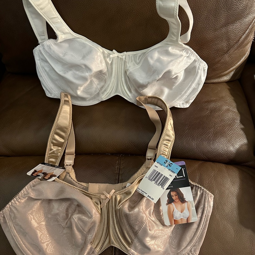 34C taupe and white bras by Bali, which are minimizers. New with tags